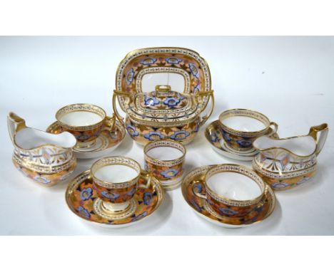 Ridgway and Herculaneum part tea service, early 19th century, pattern 487, comprising:  Sugar box and cover, teapot stand, tw