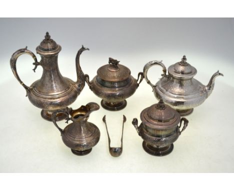 A French  six-piece coffee/tea service, .950 grade, finely chased with floral and foliate decoration, the two sugar basins wi