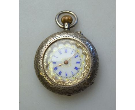 A lady's Swiss 935 standard fob watch with engraved case, enamel and gilt dial and top wind movement, to/w a black velvet rib