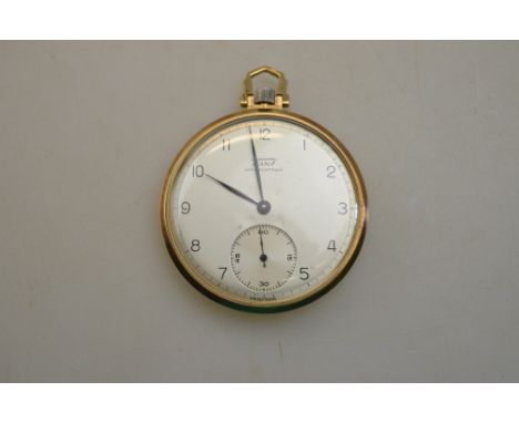 A 9ct gold Art Deco Tissot Antimagnetique slim profile pocket watch with 15 jewel movement, silvered 4.2 cm dial with subsidi