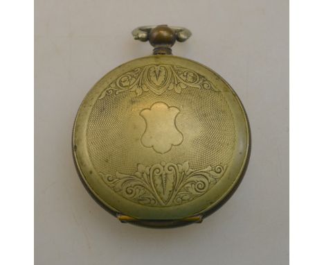 A Persian market hunter pocket watch, the enamel dial decoration with trophy of arms, engraved key-wind movement, in engraved