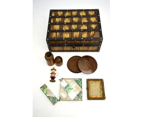 A porcupine-quill box, to/w a mother-of-pearl and abalone visiting-card case, a turned wood snuff box, bisque miniature costu