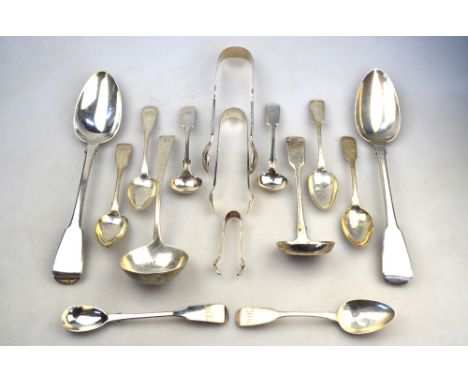 A pair of George III fiddle pattern table spoons, Thomas Wilkes Barker, London 1808, a quantity of Exeter Assay fiddle patter