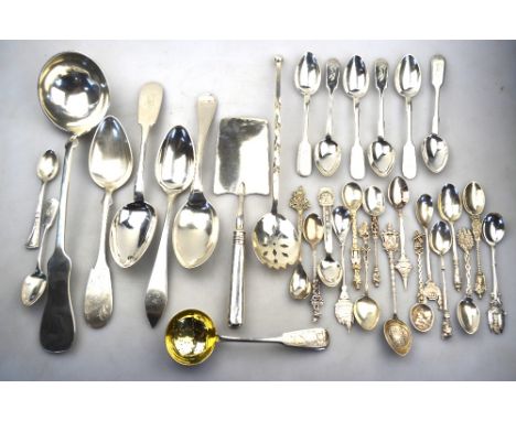 A quantity of Continental white metal, including Russian 84 zol. pastry slice, sifter ladle, fiddle pattern table spoon and o