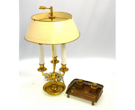 A brass three-branch table lamp with adjustable shade, to/w a pierced copper ink stand with brass bottles (2)