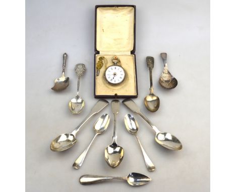 A George III silver caddy spoon with shell bowl (repaired), London 1812, to/w a William IV caddy spoon, Birmingham 1833, seve