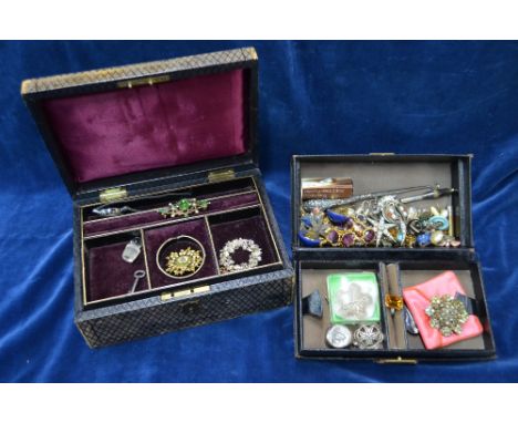 Two jewel boxes containing vintage jewellery including Victorian white paste star and crescent hair comb, necklaces, brooches