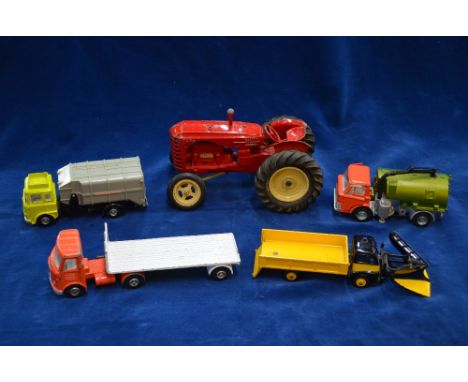 A large die-cast model Massey-Harris tractor, to/w five Dinky vehicles: Refuse wagon, Johnston Road Sweeper, Snow Plough and 