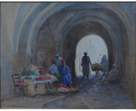 E Engelheart - A N African scene with figures beneath an arch, watercolour, signed lower left, 24 x 29 cm