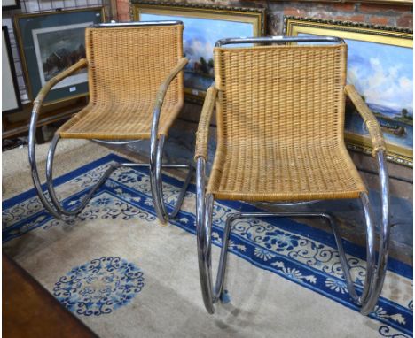 Mies Van Der Rohe model no. MR 20, a pair of armchairs, nickel plated tubular steel frames with woven cane seat and back  (2)