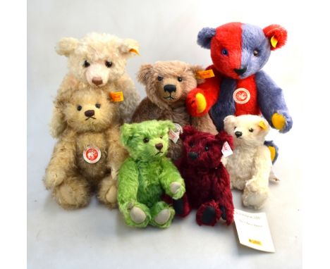 Seven Steiff Classic mohair teddy bears - two x 32 cm, one x 26 cm, one x 22 cm and three 16 cm bears including a white bear 