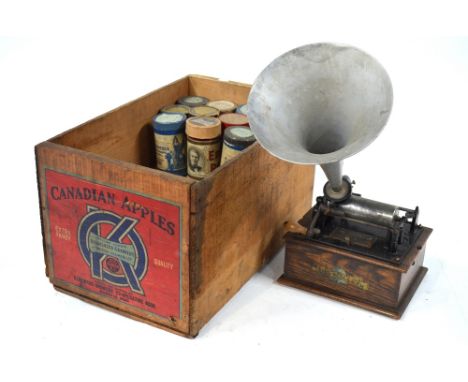 An Edison Bell Gem phonograph to/w over 30 cylinders, contained in a vintage Canadian Apples shipping crate Condition Report 