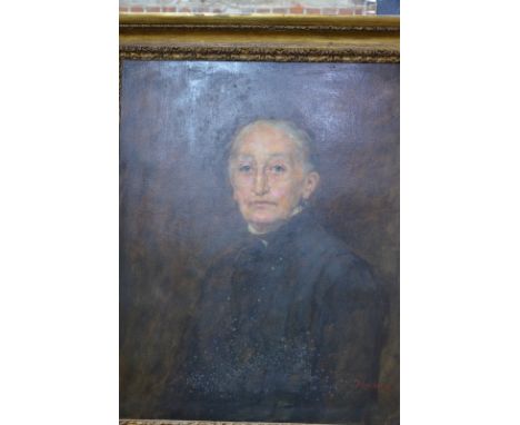 English school - Portrait of an elderly lady in mourning attire, oil on canvas, indistinctly signed lower right, 66 x 53 cm C