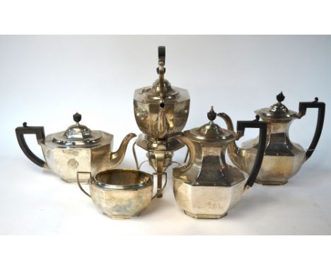A heavy quality five-piece part tea/coffee service of elongated octagonal form comprising; a kettle on stand with spirit burn