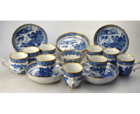 A Chinese blue and white part service, comprising: eight coffee cups; one teabowl; and six saucers; all highlighted with gilt
