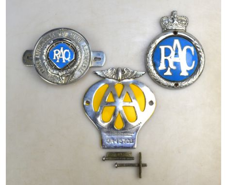 Two enamel & chrome RAC car badges and an AA badge (3)