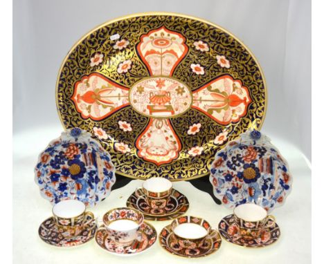 A large Victorian Davenport Imari decorated meat dish, 54 x 43 cm to/w Royal Crown Derby tea wares - Trio, patt. 1128, date 1