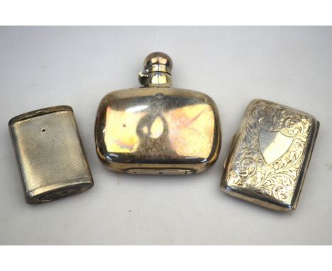 A late Victorian small silver hip-flask, James Dixon & Sons, Sheffield 1896, to/w an engraved cigarette case, Birmingham 1915