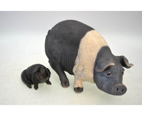 Lawson E Rudge - Raku pottery model of a British Saddleback pig, 20 cm high to/w a bronzed resin model of a pig, 8 cm high (2