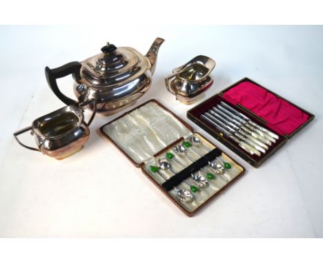 A Walker & Hall electroplated three-piece tea service, to/w a set of six Art Deco coffee spoons with shell bowls and green be