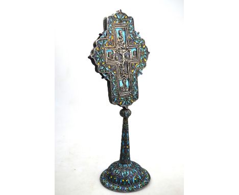A 19th century Orthodox Church benediction cross, worked with cloissonnes and enamel with Christ's Baptism and Crucifixion, o