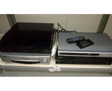 A Pioneer compact disc recorder, a Hyundi DVD player, A Pioneer turn table & a Bush video recorder