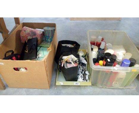 3 boxes of cosmetic makeup, bags & curling tools etc.