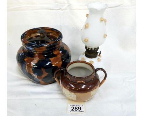 A Royal Doulton twin handled pot, tobacco jar & small oil lamp