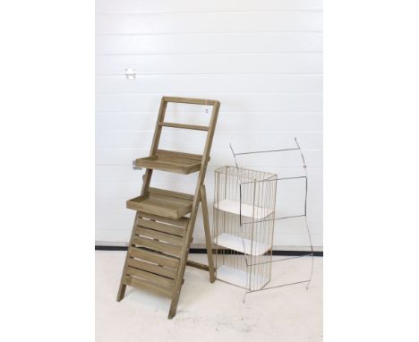 Slatted Wooden Shop Display unit with three folding shelves together with a Shop Display Chrome Hanging Rail and Gilt Metal T