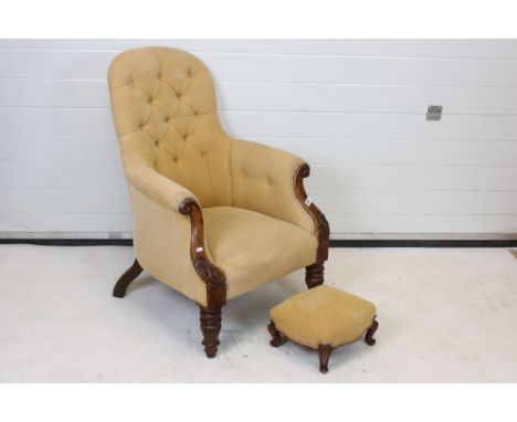 Victorian Button Back Armchair with gold coloured upholstery, carved scrolling arms and turned front legs, 67cm wide x 95cm h
