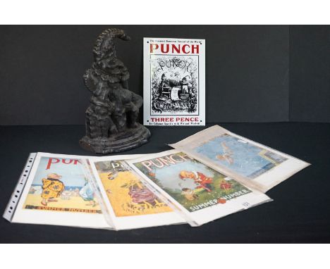 Mr Punch - Plaster Doorstop, Enamel ' Punch Three Pence ' Sign 25cm x 18cm and Four reproduction Advertisements 