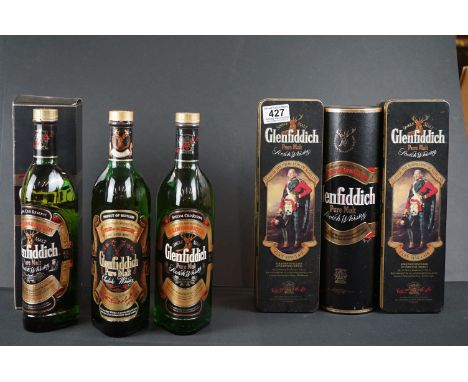 Whisky - 6 Bottles of Genfiddich Single Malt Scotch Whisky to include 2 70cl bottles in Clan Sinclair tins, 2 other 75cl bott