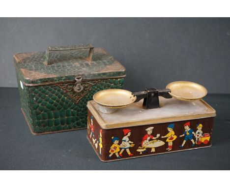 Huntley and Palmer Biscuit Tin in the form of a Green Crocodile Vanity Case and William Crawford &amp; Sons Scales Advertisin