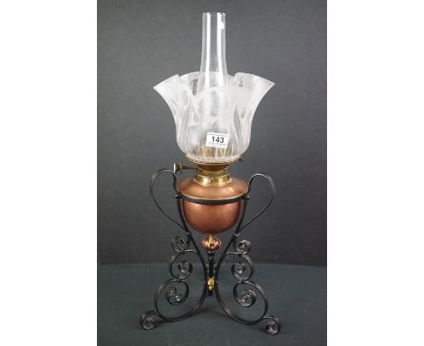 Arts and Crafts style Oil Lamp with copper font, wrought iron, copper and brass ornate base, Hinks burner and clear floral et