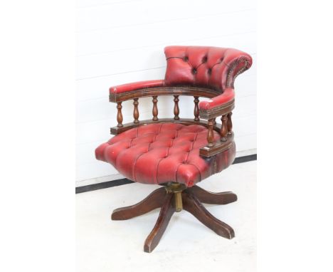 Victorian style Red Button Leather Tub Swivel Office Chair, 61cm wide x 80cm high 