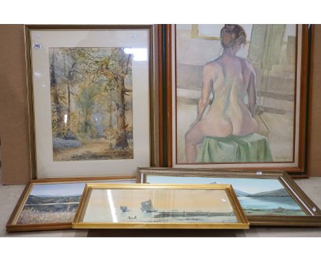 Oil Painting of the Rear View of a Seated Nude Woman signed Margret Connell, 69cm x 54cm, framed, Two Landscape Oil Paintings