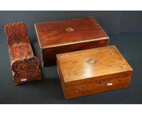 Two early 20th century wooden boxes together with a sliding book shelf. 