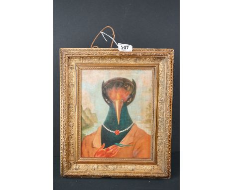 Oil on canvas, a study of a bird figure and human, combined in one portrait 