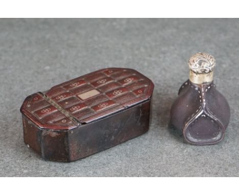 A ceramic Doulton scent bottle in the form of a bag together with a 19th century snuff box. 