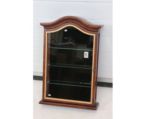 Domed wood three glass shelf, table top or wall display cabinet, approx. 60cm x 40cm x 12cm 