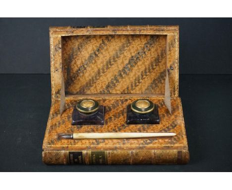 Antique English Faux Bamboo Brass Bronze Inkwell Standish Desk Set