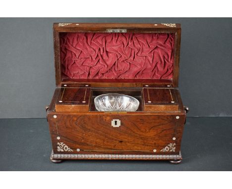 Regency Rosewood and Mother of Pearl Inlaid Sarcophagus Tea Caddy, the hinged lid opening to two lidded compartments and a re