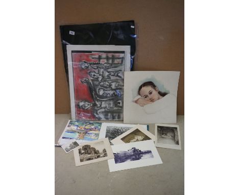 Folder of Various Unframed Pencil Sketches, Watercolours, Etchings and Prints including Nudes 