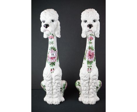 Pair of Mid century Italian Ceramic Tall Seated Poodles decorated with flowers, 56cm high 