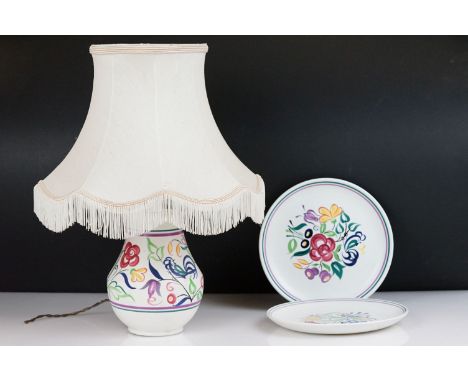 Poole Pottery Lamp decorated in the Blue Bird LE pattern together with two similar Plates, 20cm diameter 