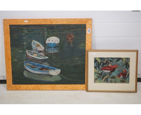 Oil Painting on Board of Rowing Boats signed Inne, 50cm x 61cm together with Pastel of Exotic Birds signed F D Tinne, 20cm x 