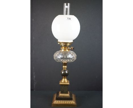 Late 19th / Early 20th century Oil Lamp with Marble and Brass base, clear cut glass font, Messengers burner and globular opaq
