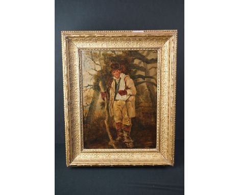 Oil on panel, portrait of a man with stick in a woodland landscape 