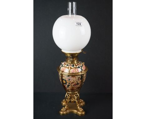 Zolnay Pecs pink floral patterned Ceramic Oil Lamp with drop-in font and brass base, Messengers burner and globular opaque gl