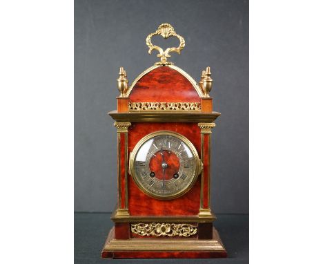 18th century style Brass and Faux Tortoiseshell Mantle Clock, 8 day movement, silvered chapter ring with Roman numerals, 30cm
